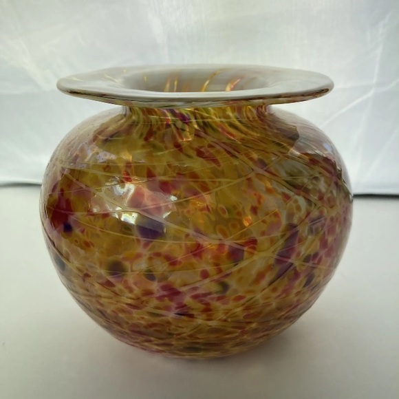 Vase tortoise Swirl hand Blown signed Art Glass Bowl round 4.5 in tall - Picture 3 of 11